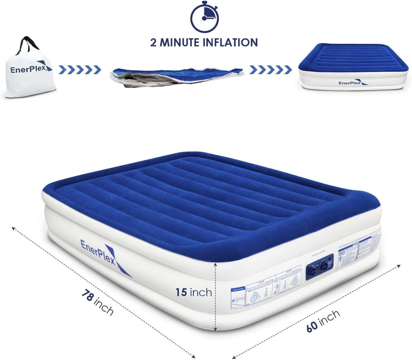 EnerPlex 13" Inflatable PVC Air Mattress w/Pump for Camping, Twin - Blue/White (New)