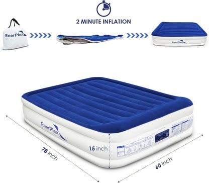 EnerPlex 13" Inflatable PVC Air Mattress w/Pump for Camping, Twin - Blue/White (New)
