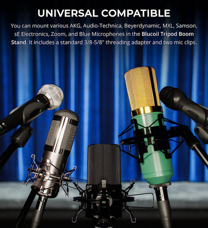 Blucoil Adjustable Microphone Stand, Rotating Arm, Tripod Base, Dual Mic Clips (New)