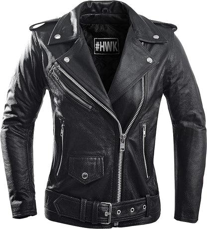 HWK Women's Brando Leather Water Resistant Motorcycle Jacket, X-Large - Black (Like New)