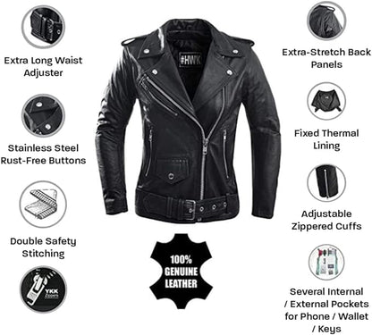HWK Women's Brando Leather Water Resistant Motorcycle Jacket, X-Large - Black (Like New)