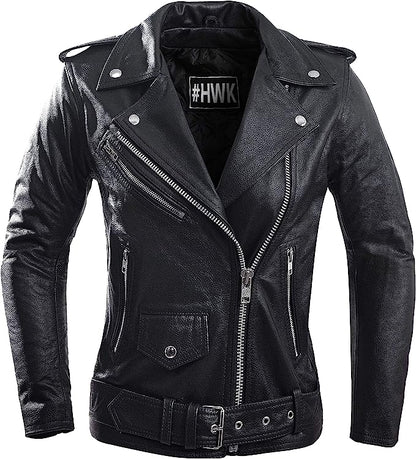HWK Women's Brando Leather Water Resistant Motorcycle Jacket, X-Large - Black (Like New)