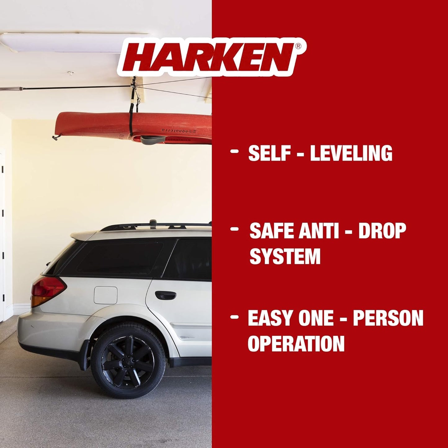 HARKEN Kayak Overhead Garage Storage Hoist, Self-Leveling, Safe Anti-Drop System (Used, No Retail Box)