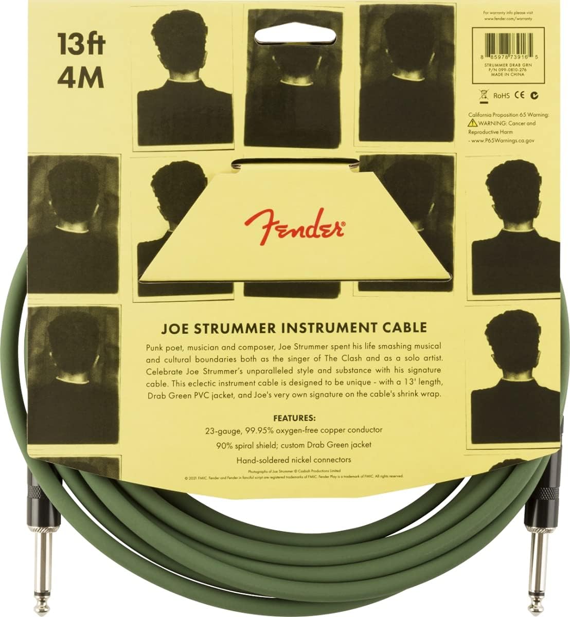 Fender Strummer Pro Straight to Straight 2-Pins Round Guitar Cable, Drab Green (Used)