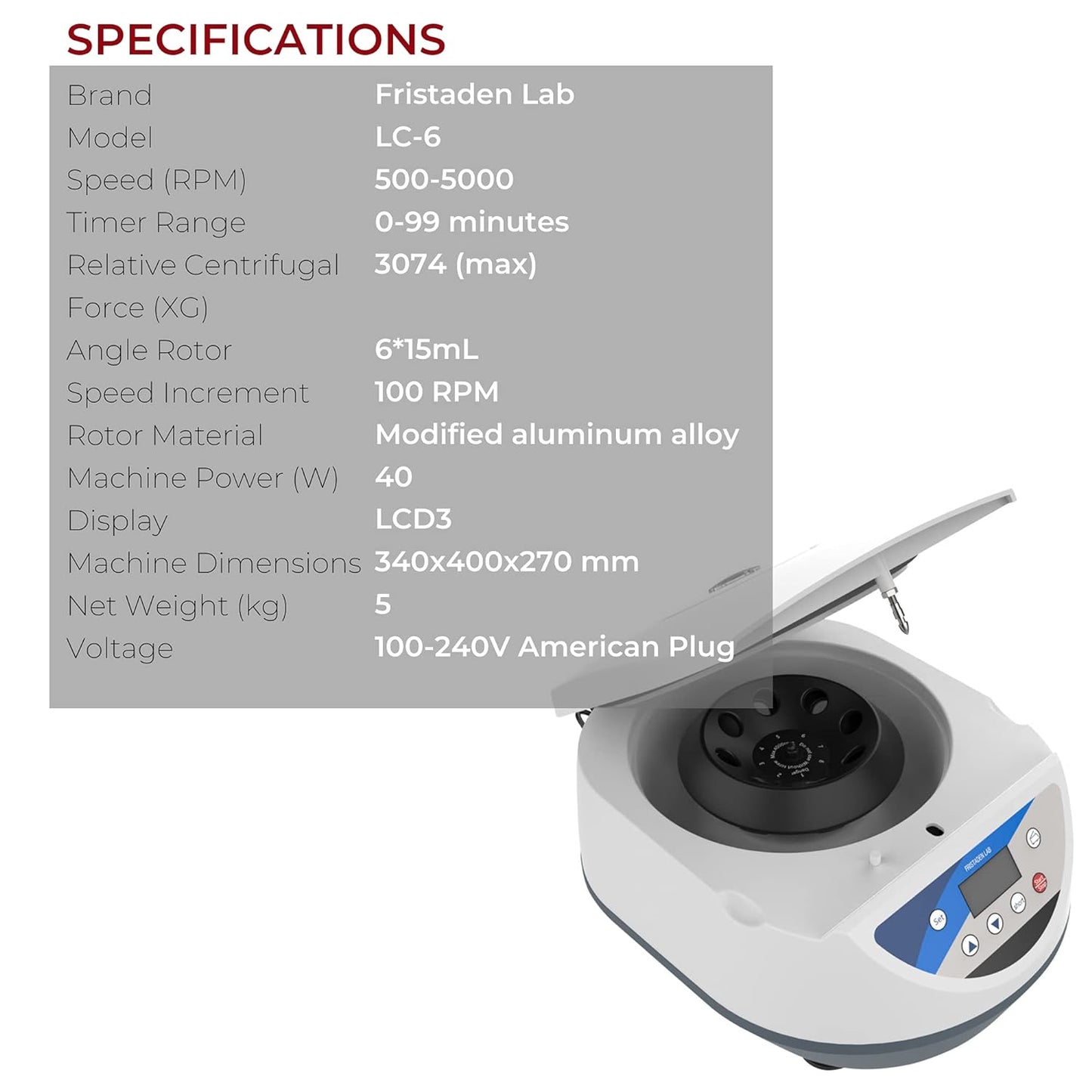 Fristaden Lab Clinical Benchtop Centrifuge for Blood, PRP, PFP & Plasma - 6x15mL (Used)