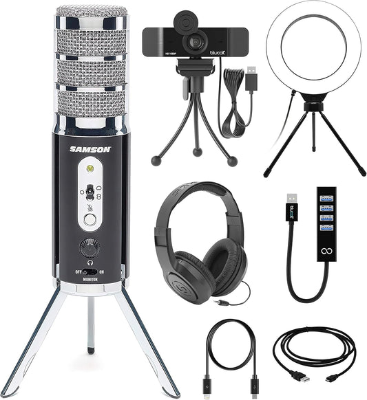 Samson Broadcast Microphone with 6" Ring Light, Webcam, Hub & SR350 Headphones- (Like New)