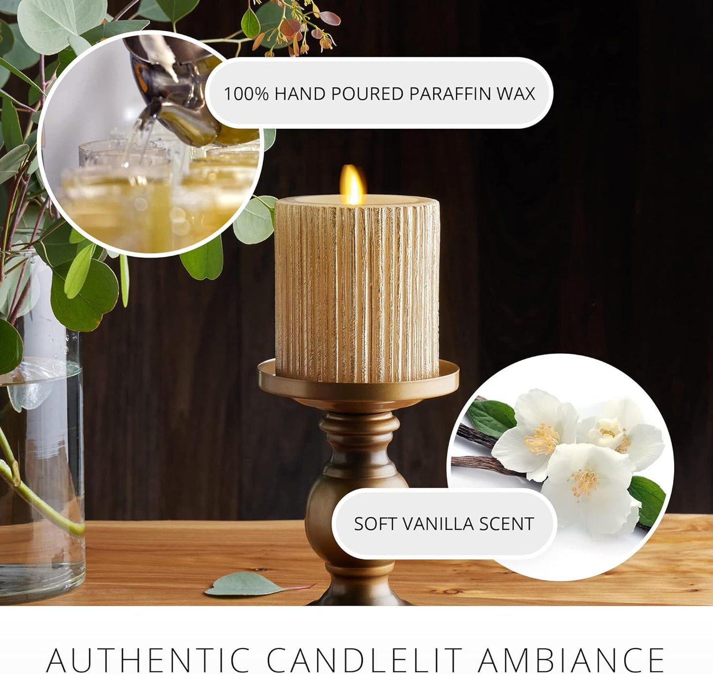 Luminara Metallic Embossed Pillar Champagne Flameless LED Candle, Timer Function (Like New)