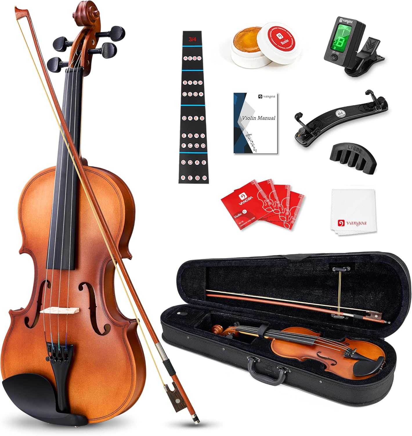 Vangoa Acoustic Violin Fiddle Three Quarter Starter Set with Case, Shoulder Rest (Like New)
