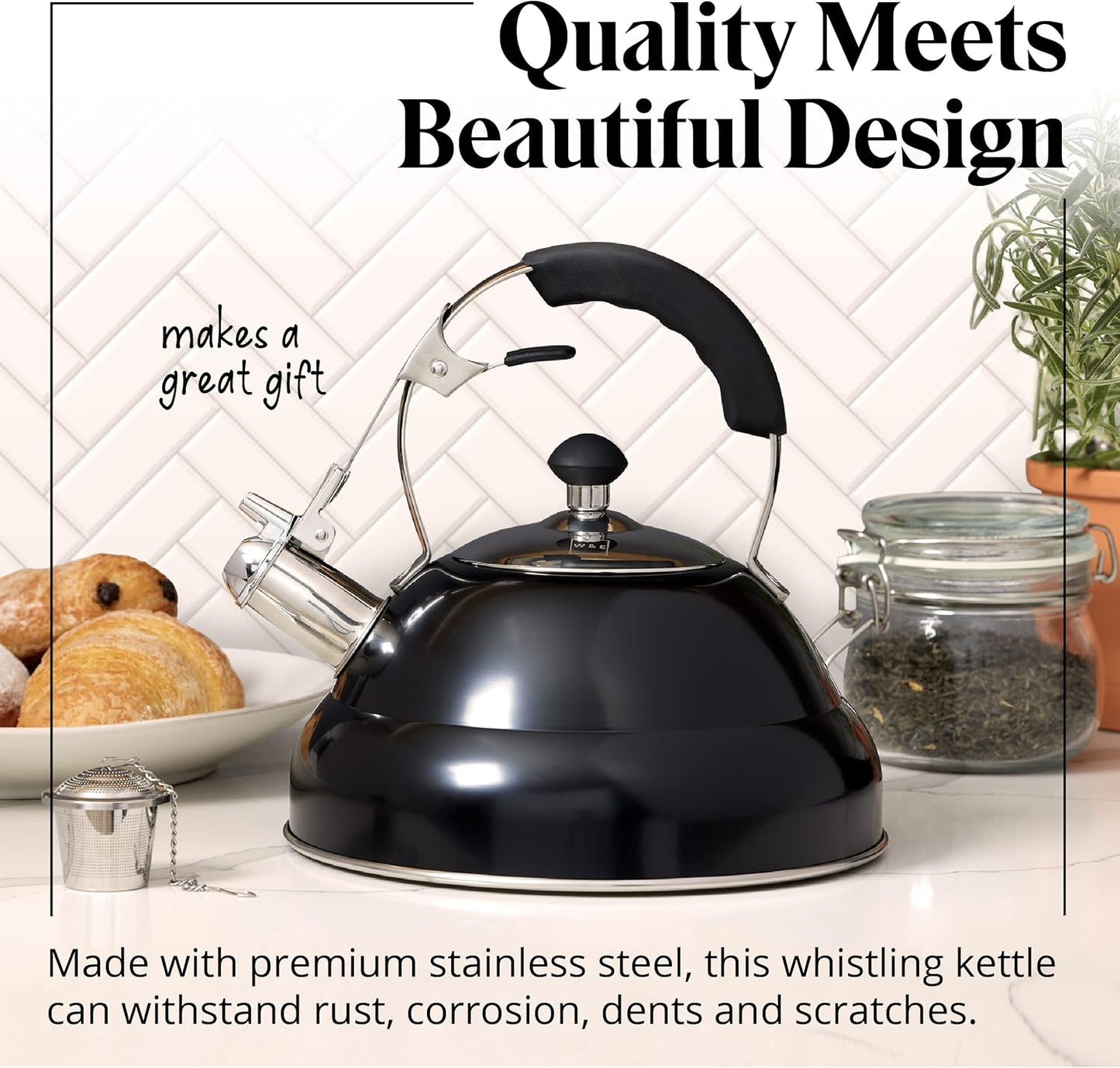 Willow & Everett Whistling Stainless Steel Tea Kettle, Stovetop Infuser Brewer (Used, No Retail Box)