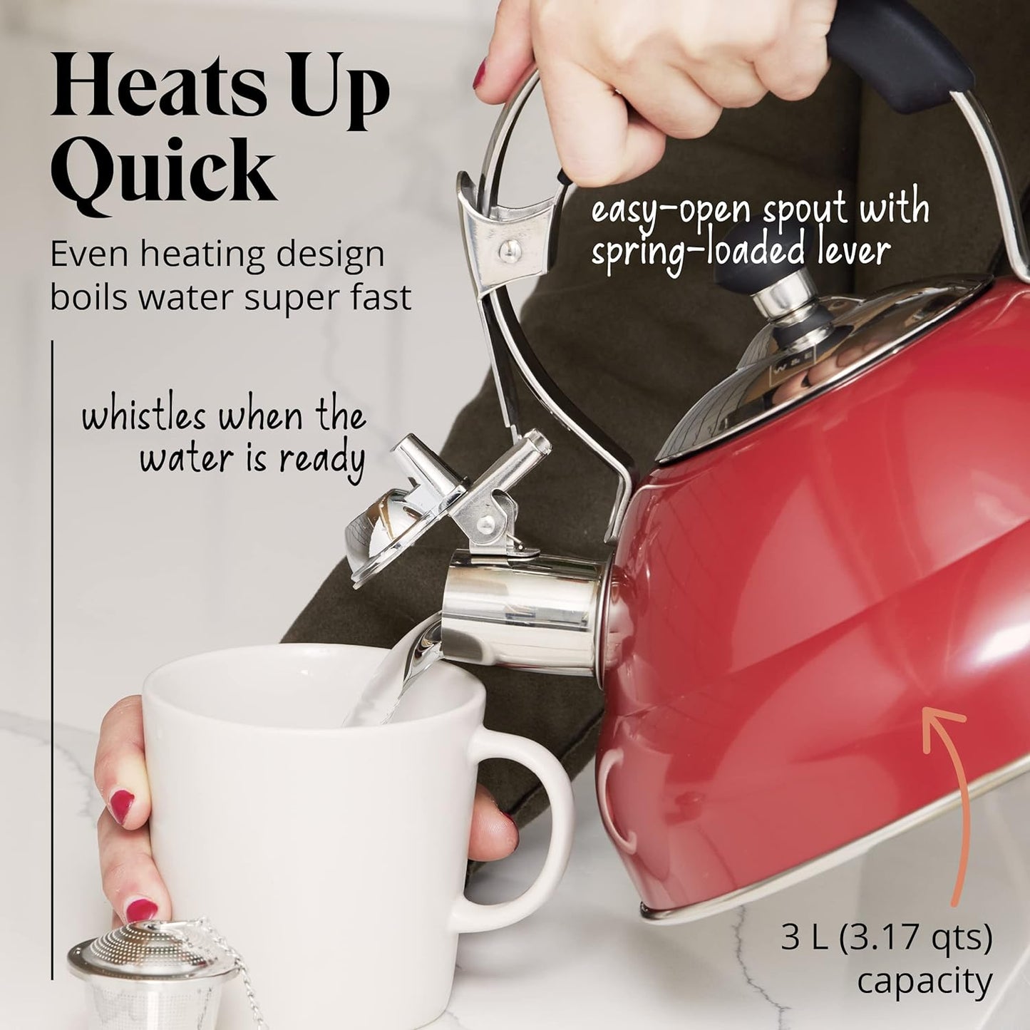 Willow & Everett Casual Whistling Tea Kettle for Stove Top, 2.75 Quarts - Red (Like New)