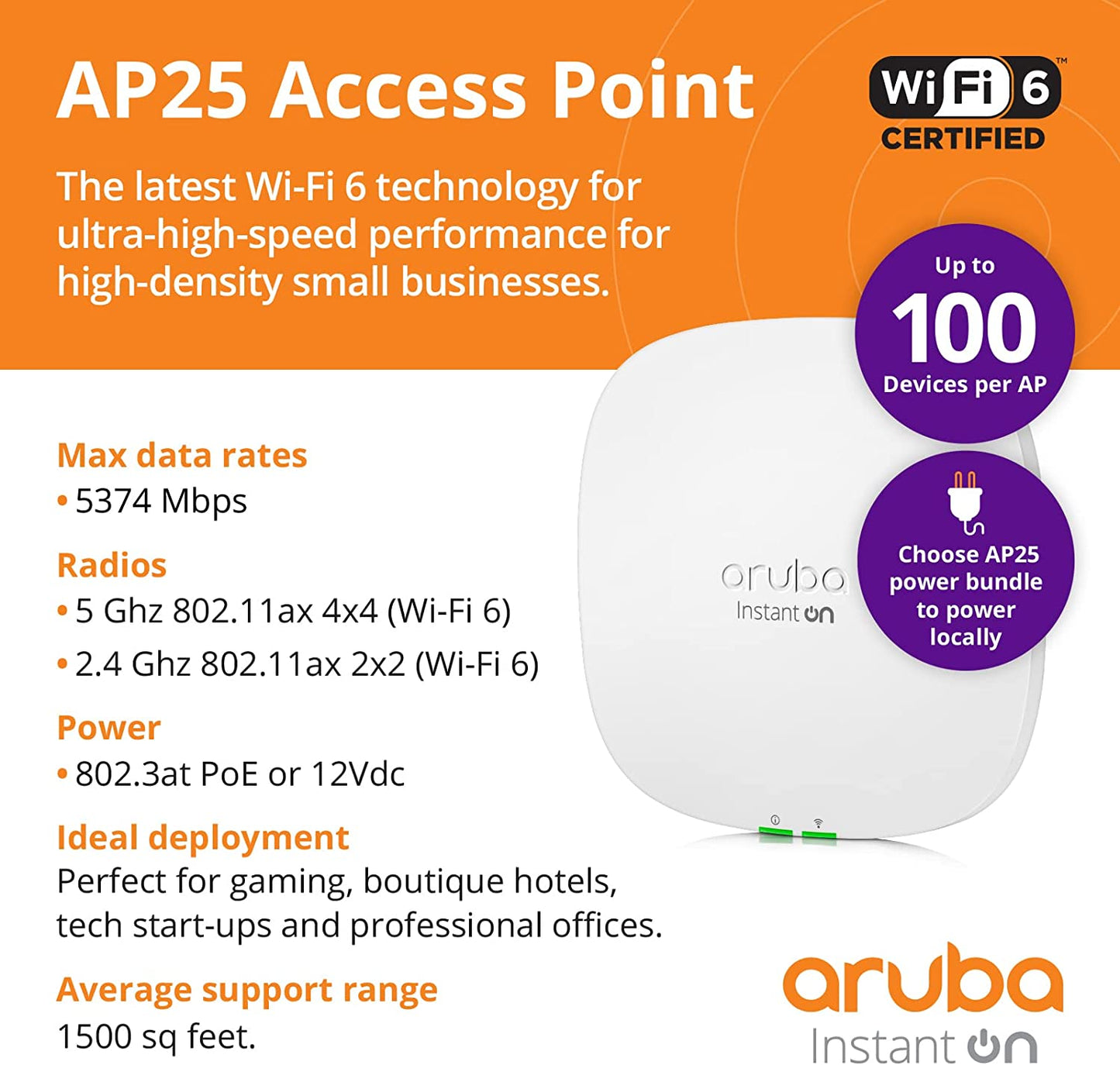 Aruba Instant On AP25 802.11ax & 802.11ac Quad-Band Wi-Fi Access Point (New)