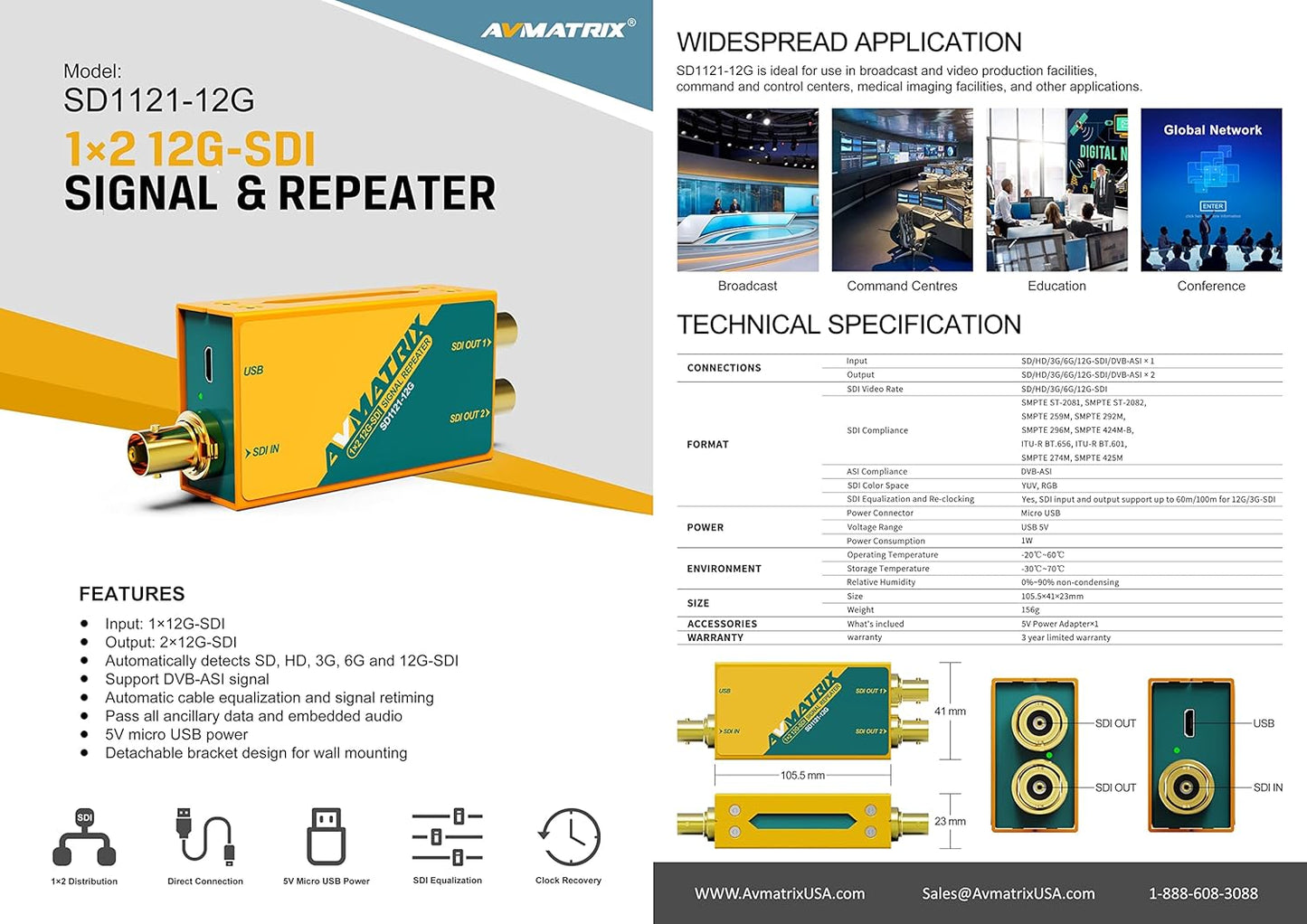 AVMATRIX SD1121-12G 1x2 12G-SDI Signal Repeater - Auto Detects SD/HD/3G/6G and 1 (Like New)