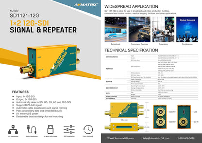 AVMATRIX SD1121-12G 1x2 12G-SDI Signal Repeater - Auto Detects SD/HD/3G/6G and 1 (Like New)