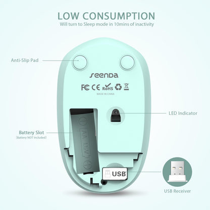 Seenda Portable 2.4G Noiseless Wireless Mouse with USB Receiver - Mint Green (New, Damaged Retail Box)