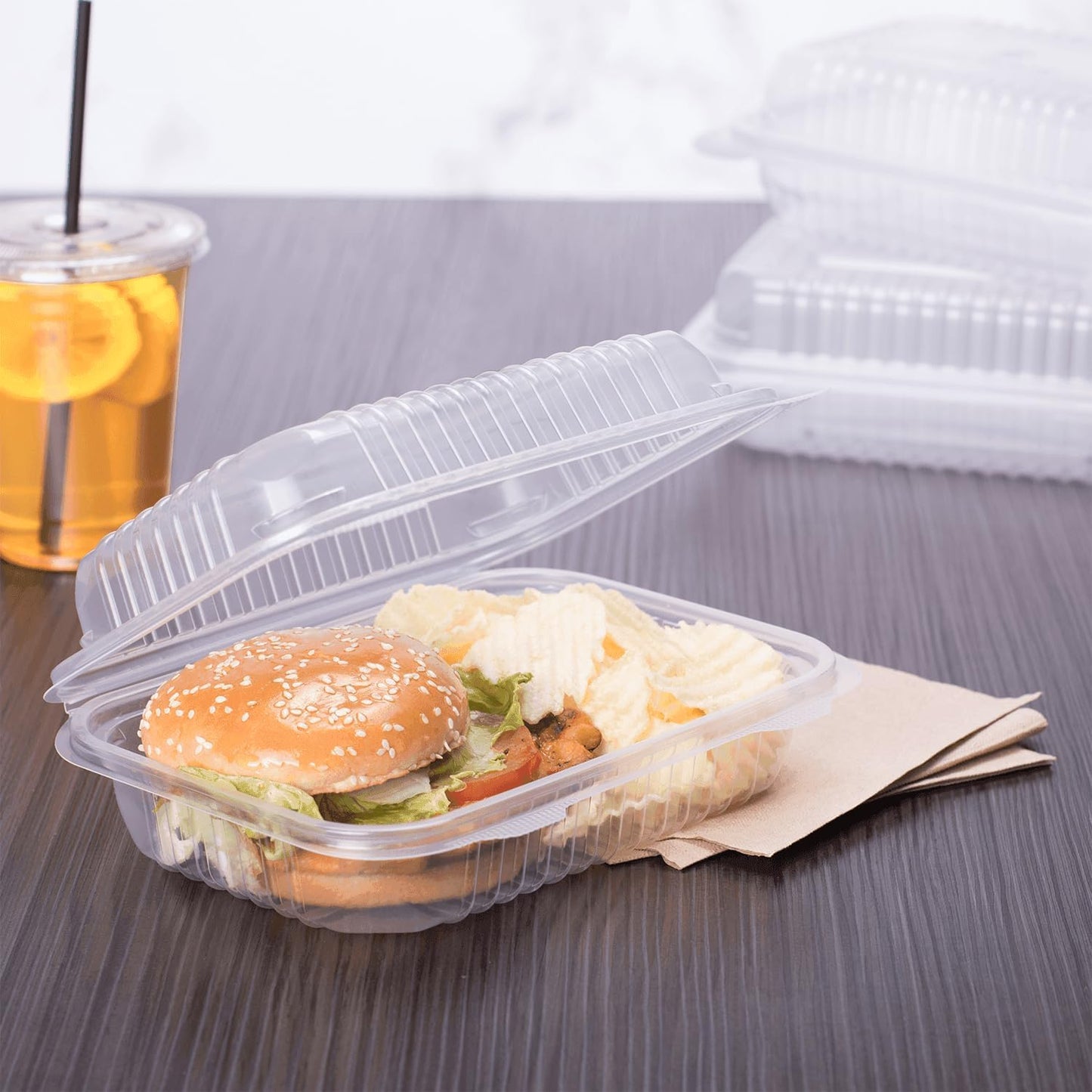 TEA ZONE Polypropylene Karat Clamshell Take Out Food Containers, Clear - 9" x 6" (Like New)