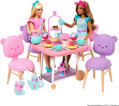 Barbie Tea Party Plastic Toy Playset with 18 Storytelling Pieces for Preschooler (Like New)