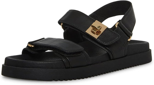 Steve Madden MONA 3-Strap Leather Flatform Sandal For Women, Black - Size 8.5 (Like New, No Retail Box)