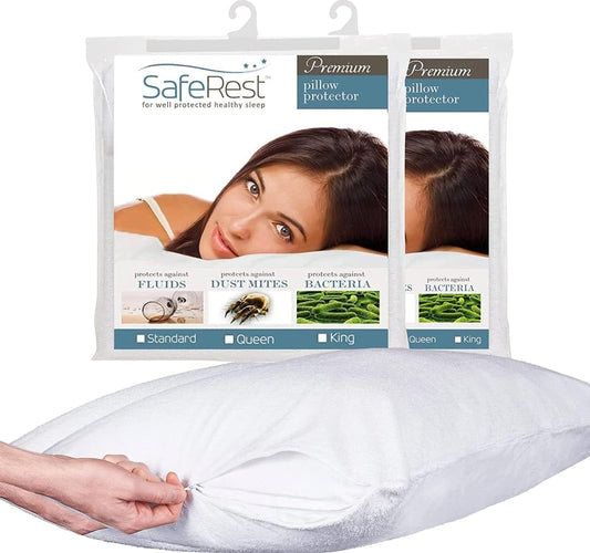 SafeRest Cotton Terry Pillow Protector, Breathable, Standard Pack of 2 - White (Like New)