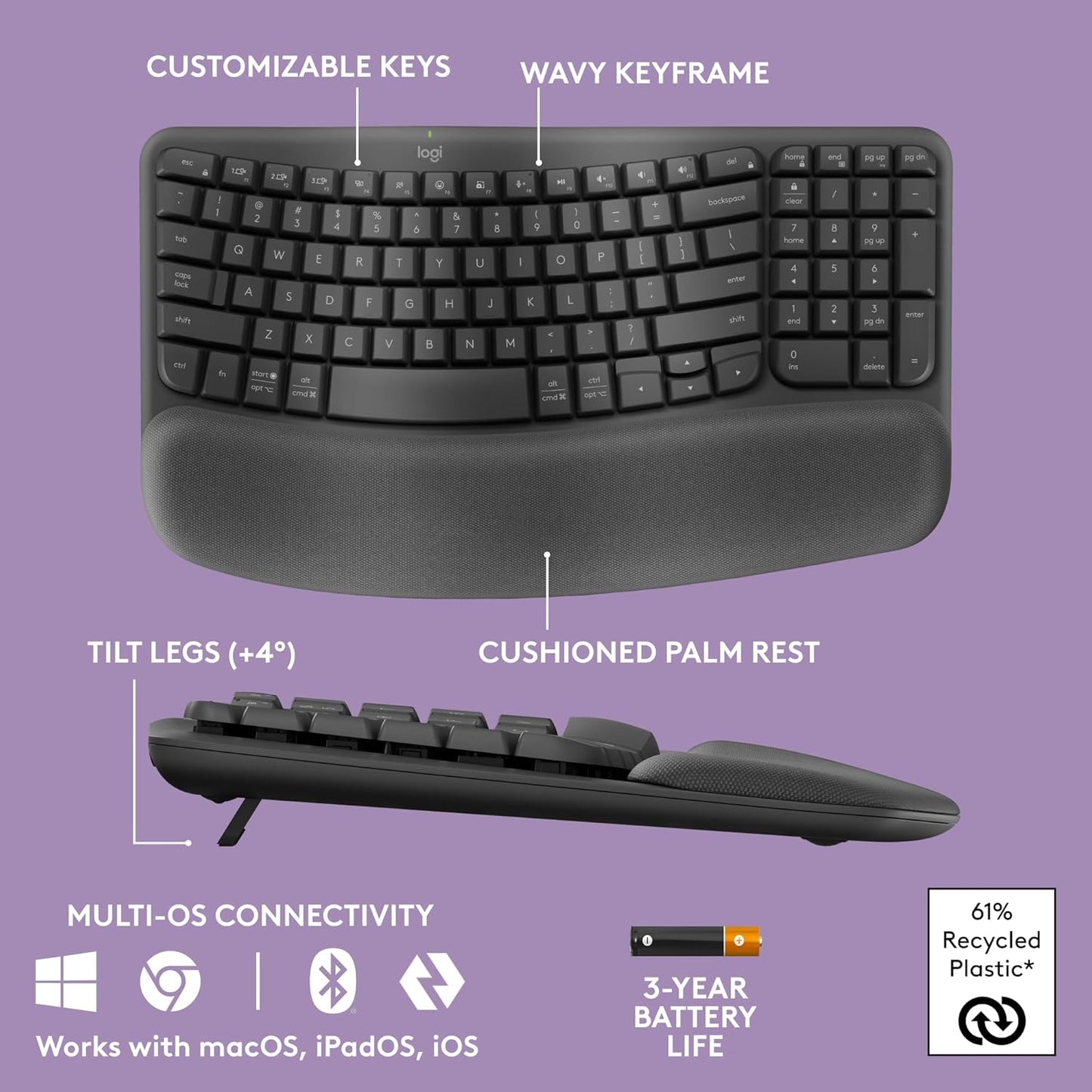 Logitech Wave Keys Wireless Ergonomic Keyboard Fit for Laptop/Desktop - Graphite (New)