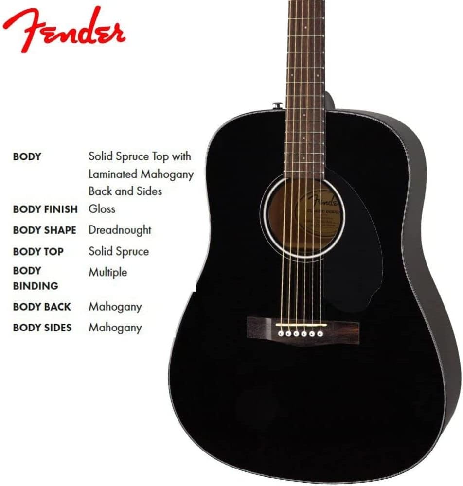 Fender CD-60S 6-String Dreadnought Walnut Wood Acoustic Guitar - Fender Strap (Like New)