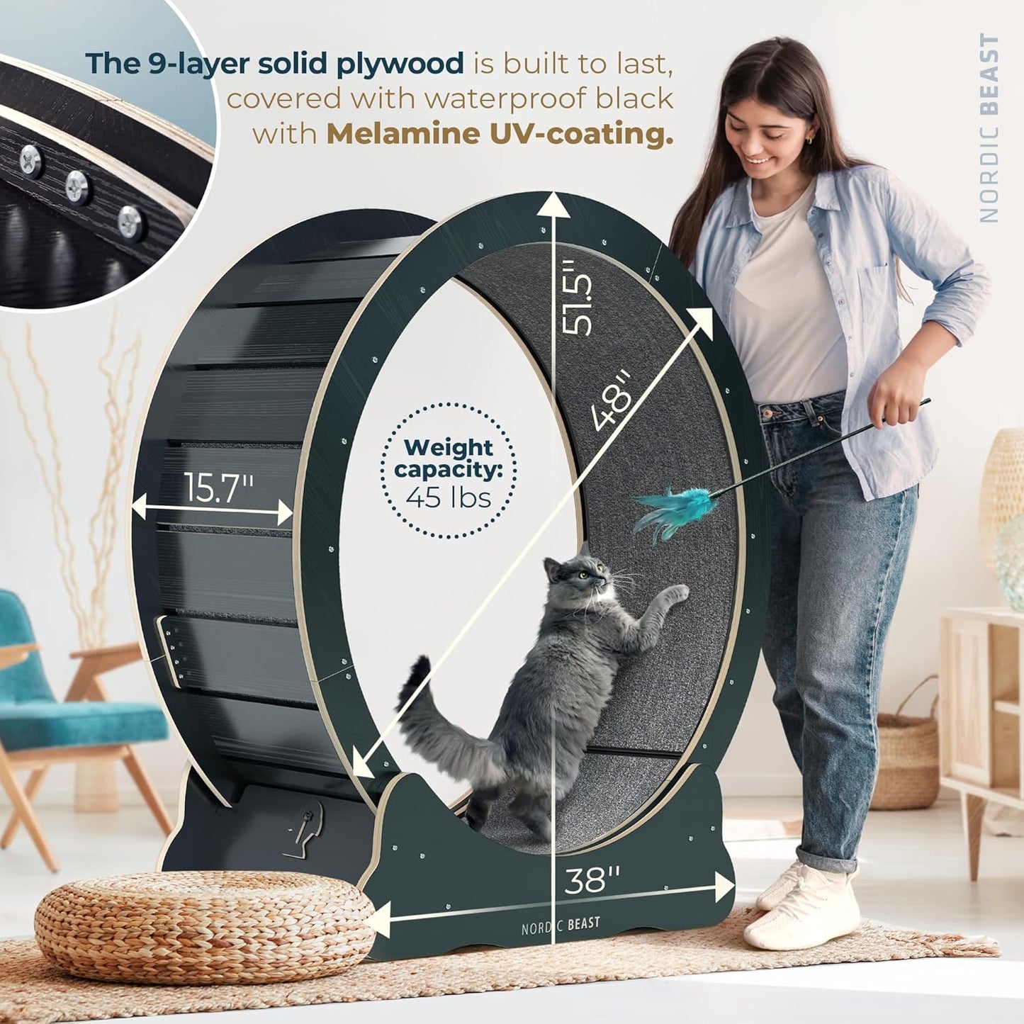 Nordic Beast 48" Large Floor Mount Indoor Cat Wheels for Playing, Black-Natural (Used)