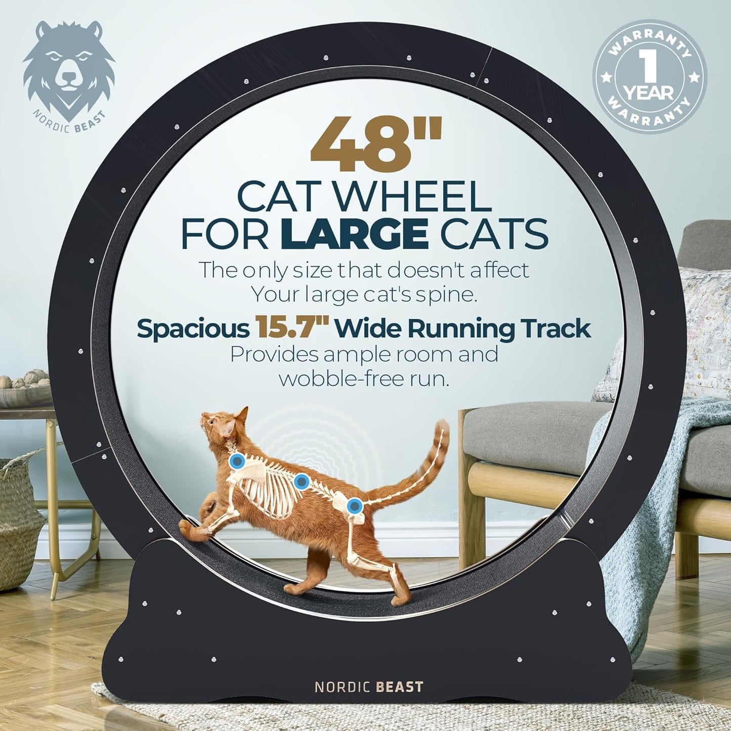 Nordic Beast 48" Large Floor Mount Indoor Cat Wheels for Playing, Black-Natural (Used)