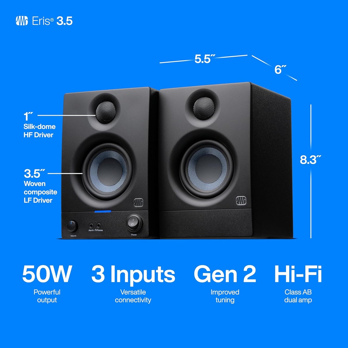PreSonus Eris 3.5 Bluetooth 50W Powered Active Monitor Speaker, 2-Channel (Pair) (Used)