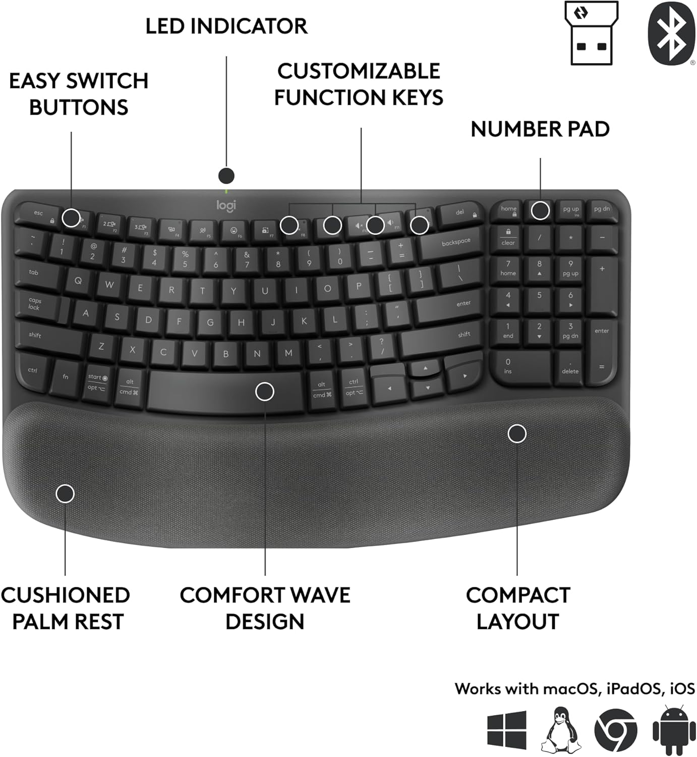 Logitech Wave Keys Wireless Ergonomic Keyboard Compatible w/ Computer - Graphite (Like New)