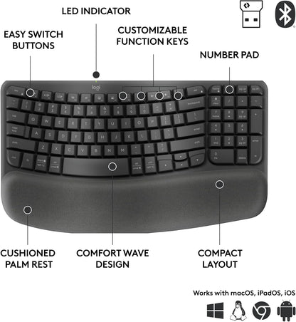 Logitech Wave Keys Wireless Ergonomic Keyboard Compatible w/ Computer - Graphite (Like New)