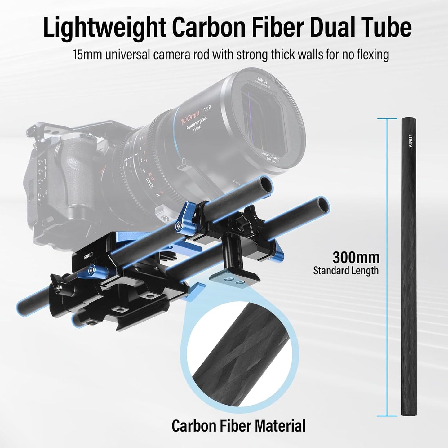 Sirui Universal Camera 15mm Rod Rail Baseplate w/ Dual Carbon Fiber Rods - Black (Like New)