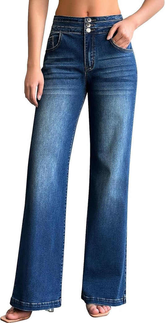 Roswear Wide Casual High Waisted Loose Denim Jeans for Women, Large Size - Blue (Like New)