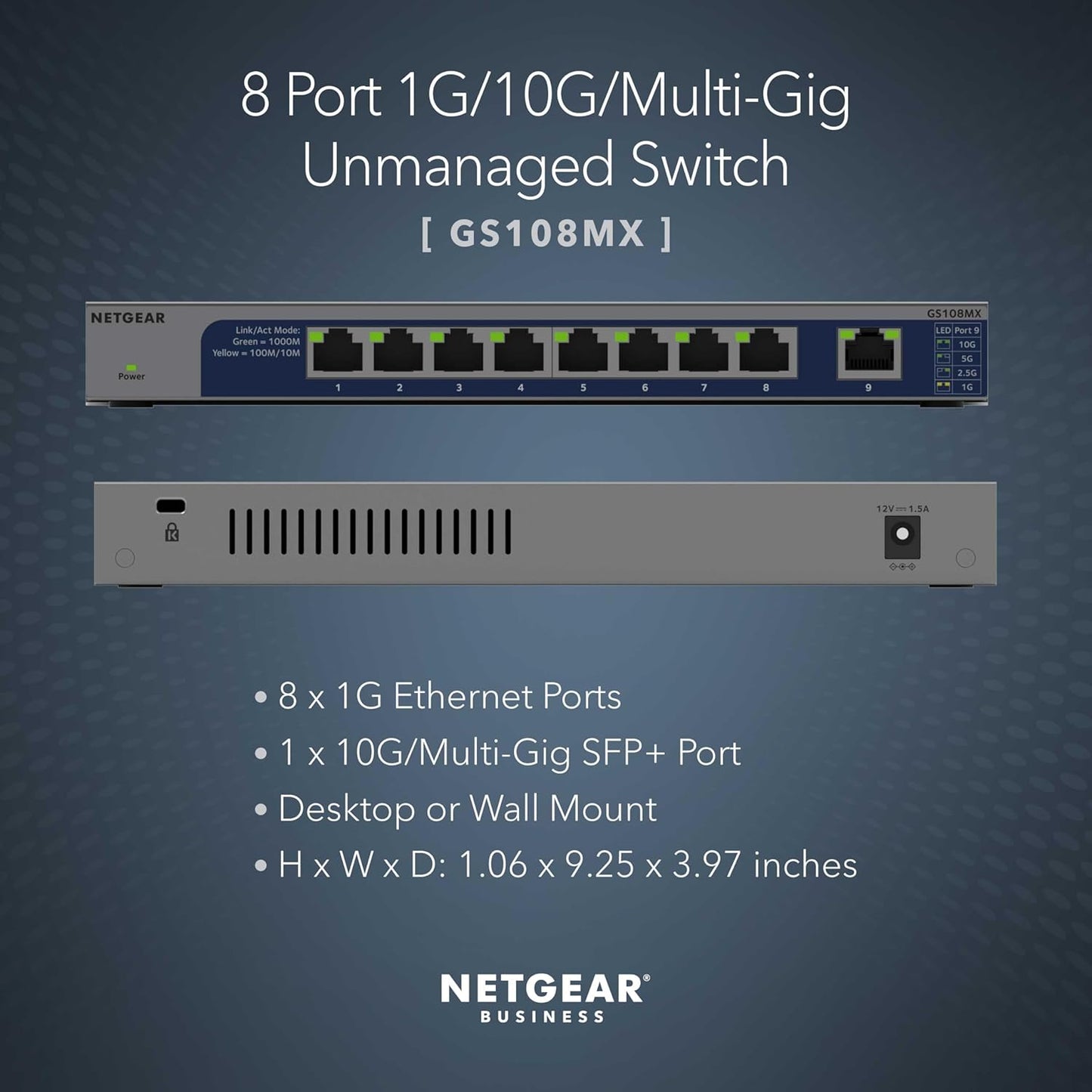 NETGEAR GS108MX 8-Port 1G/10G Multi-Gigabit Ethernet Unmanaged Switch - Black (Like New)