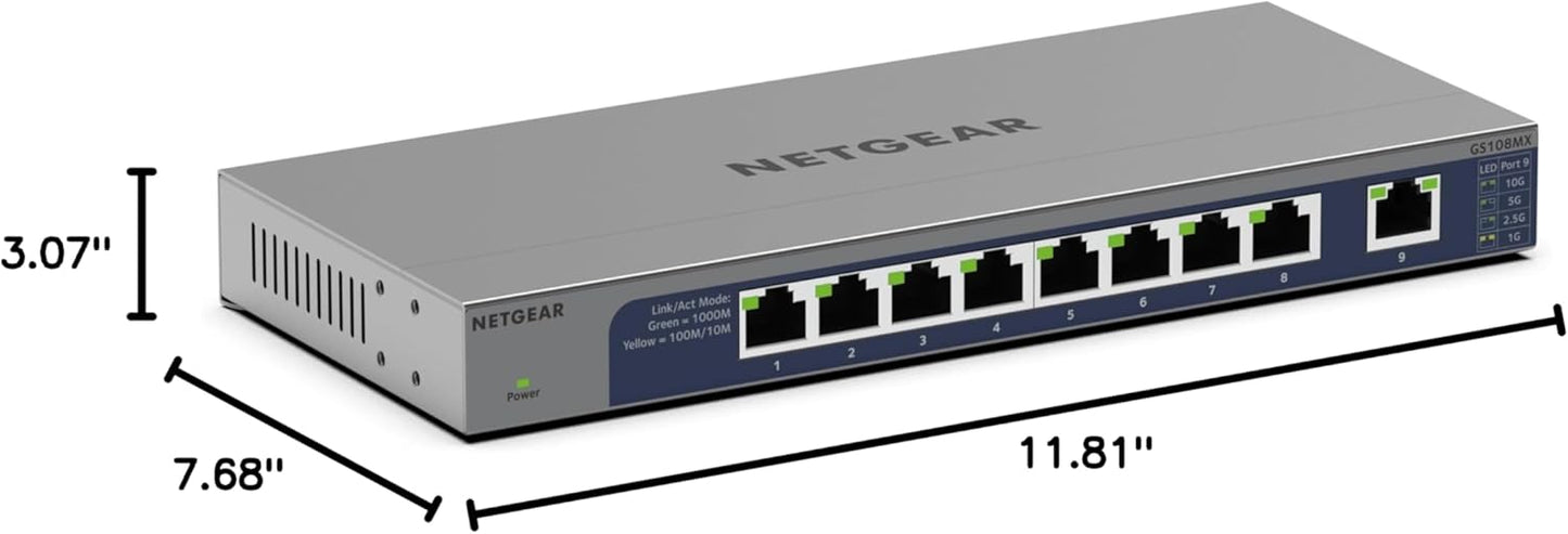 NETGEAR GS108MX 8-Port 1G/10G Multi-Gigabit Ethernet Unmanaged Switch - Black (Like New)