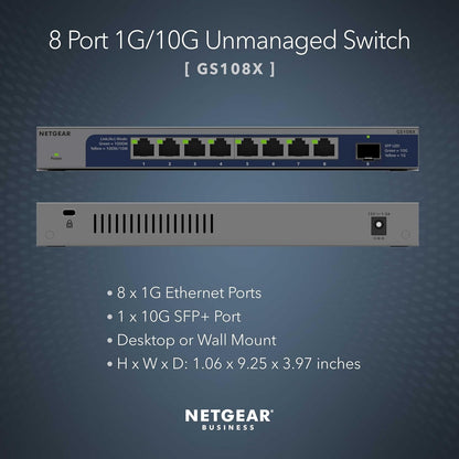 Netgear GS108X 8-Port 1G/10G Gigabit Ethernet Unmanaged Switch with 1 x 10G SFP+ (Like New)