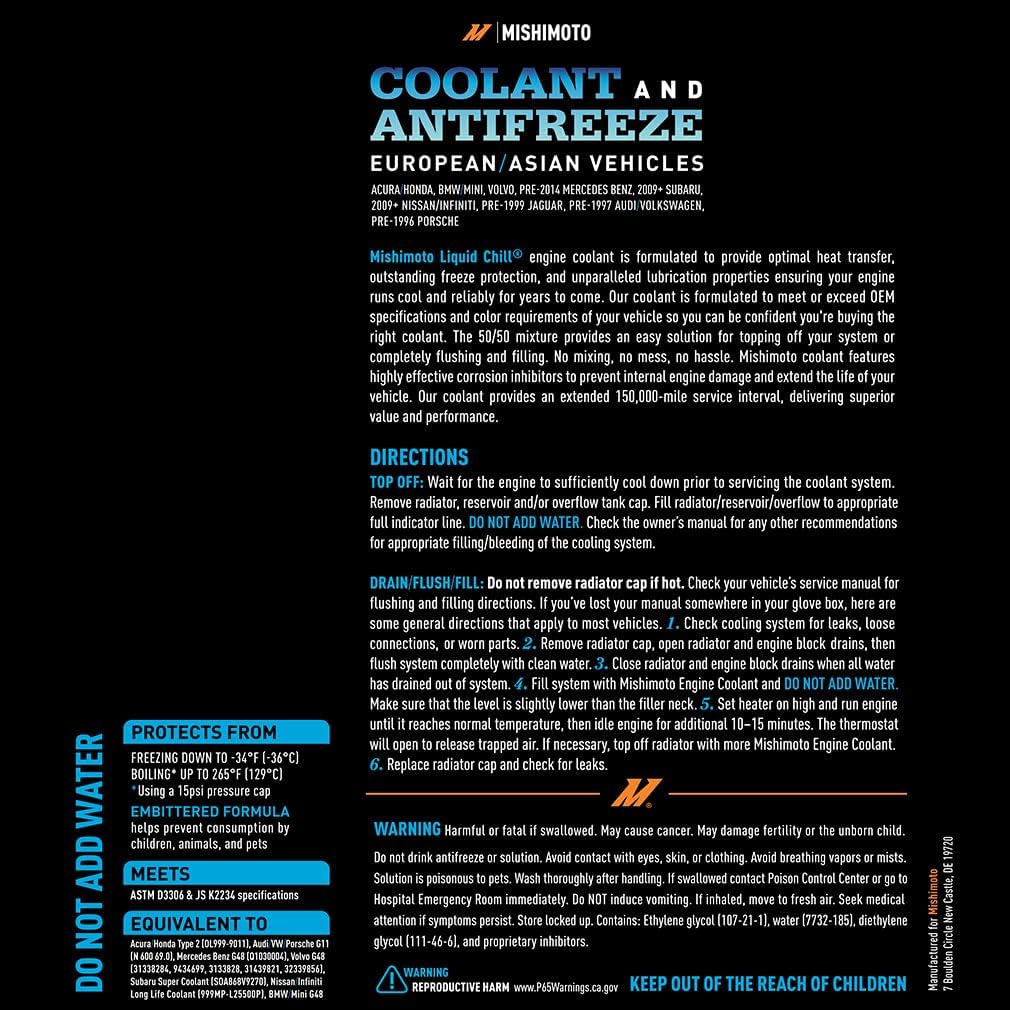 Mishimoto Liquid Chill® OE Coolant, European/Asian Vehicles, 1 Gallon - Blue (Like New)