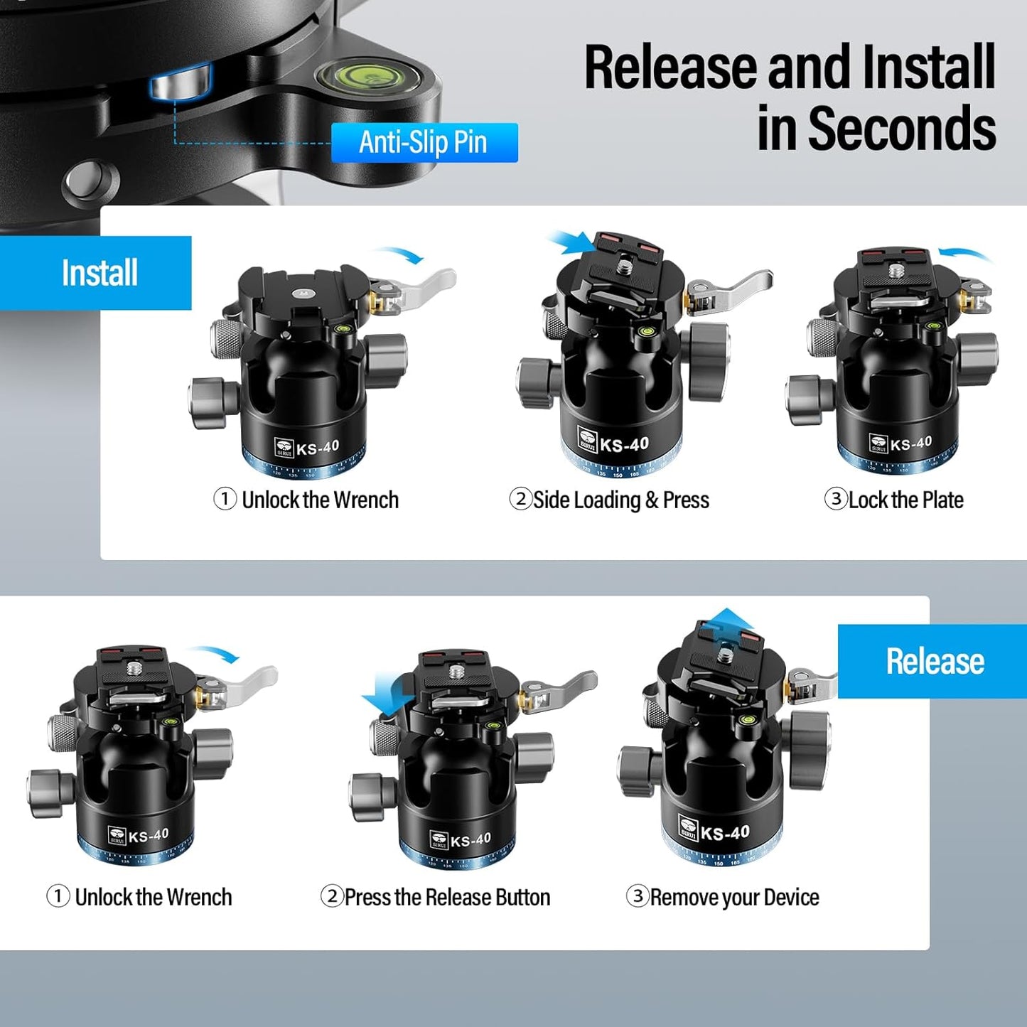 Sirui KS-40 Aluminium Alloy Low Profile Tripod Ball Head, 360° Double Panoramic (Like New)