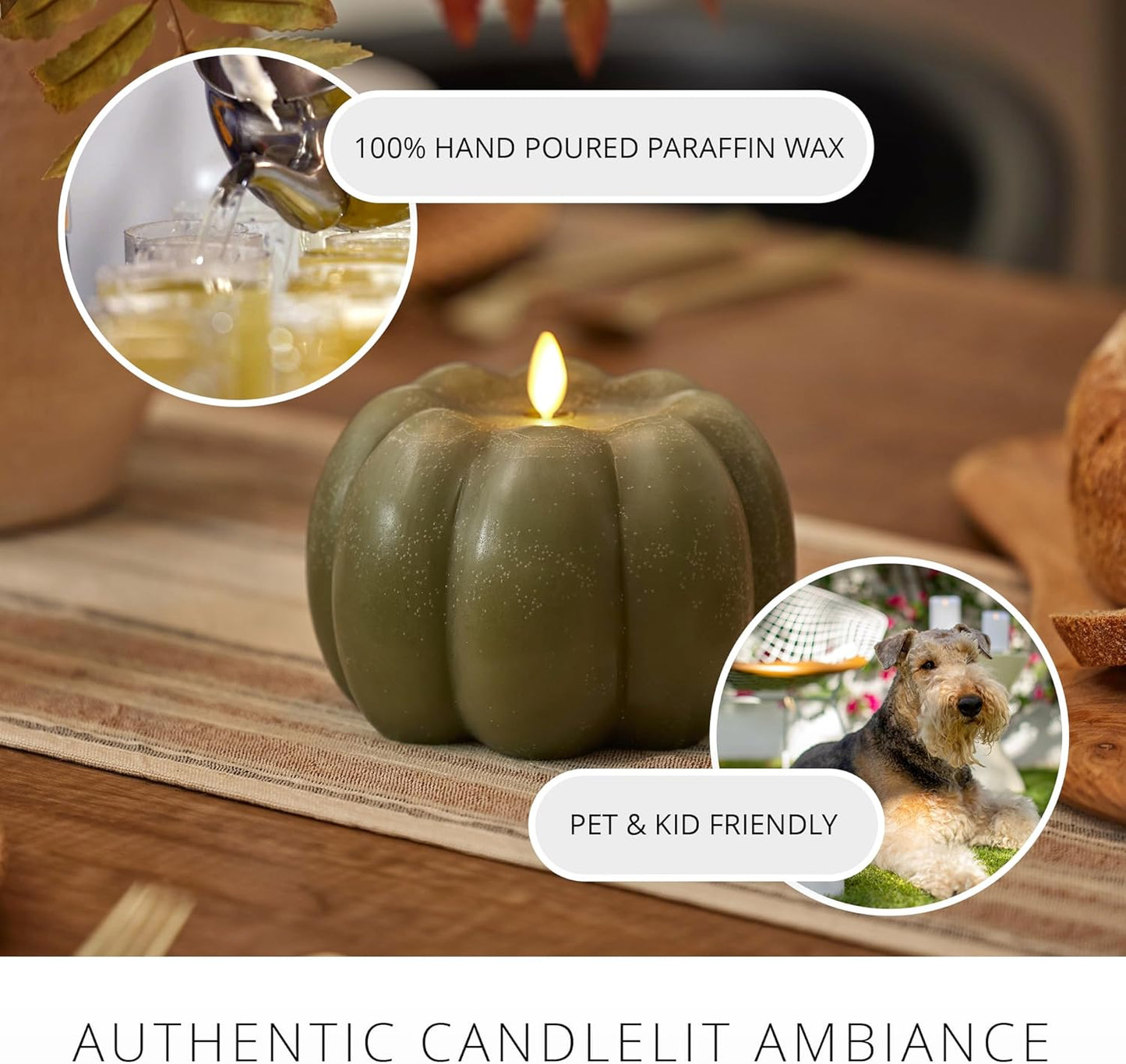 Luminara Pumpkin Figural Flameless Flickering Candle , 5.5" x 4.25", Loden Green (Like New)