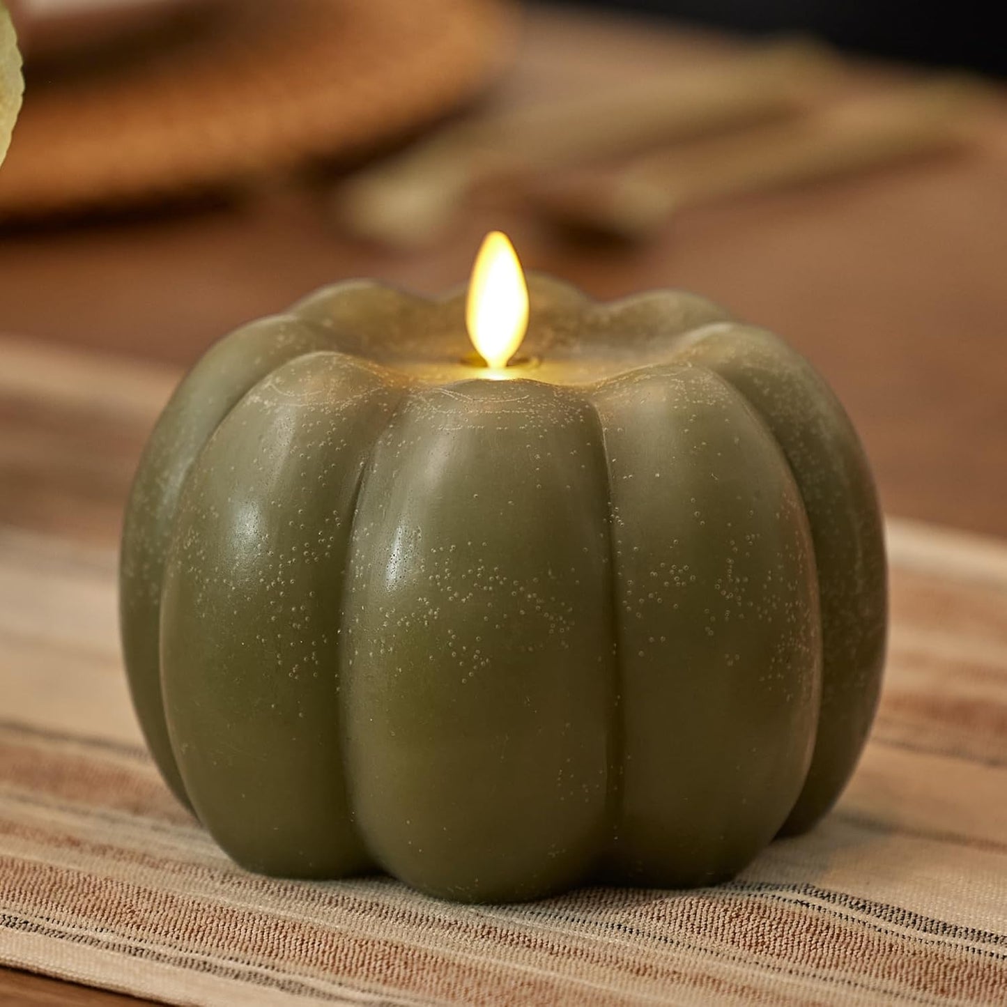 Luminara Pumpkin Figural Flameless Flickering Candle , 5.5" x 4.25", Loden Green (Like New)