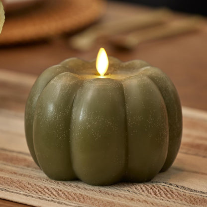 Luminara Pumpkin Figural Flameless Flickering Candle , 5.5" x 4.25", Loden Green (Like New)