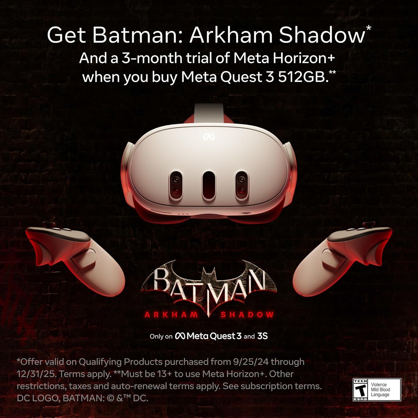 Meta Quest 3 512GB Batman Arkham Shadow VR Headset Controller for Gaming/Fitness (Used)