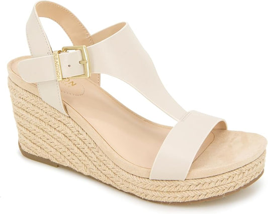 Kenneth Cole REACTION Women's Card T-Strap Wedge Sandal, 3" Heel, Size 8.5, Ecru (Like New, Damaged Retail Box)
