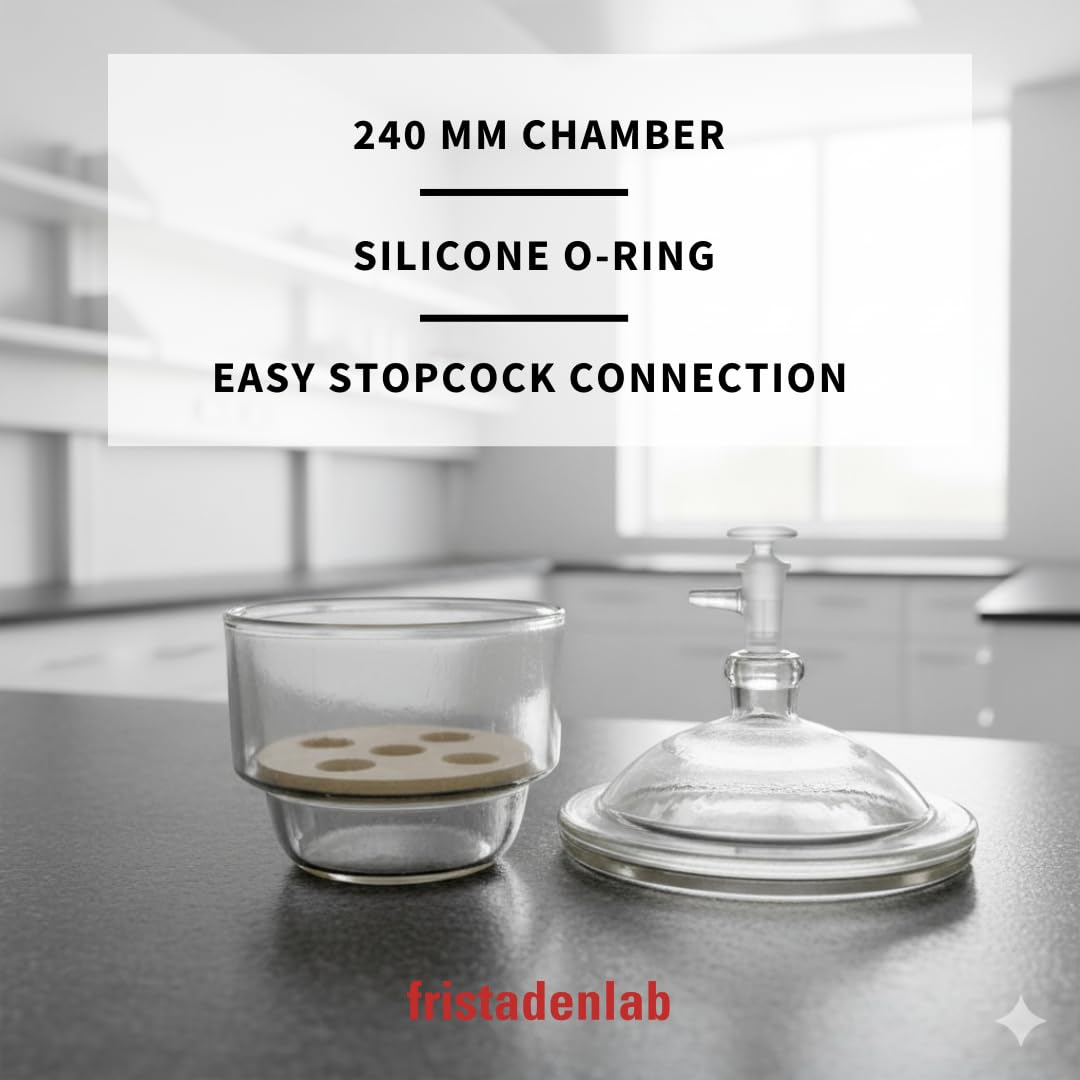 Fristaden Lab 240mm  Vacuum Glass Desiccator Borosilicate w/ Knob Cover & Plate (Used, No Retail Box)