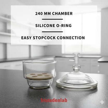 Fristaden Lab 240mm  Vacuum Glass Desiccator Borosilicate w/ Knob Cover & Plate (Used, No Retail Box)