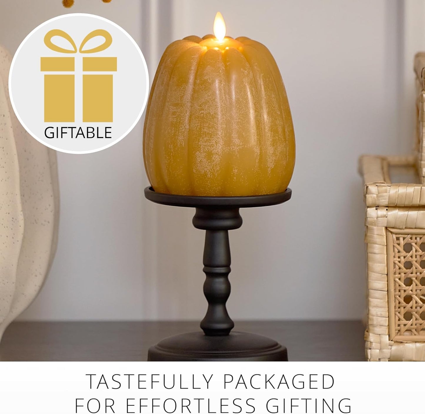 Luminara Tall Pumpkin Figural Flameless LED Candle, 4.9" x 6" - Harvest Gold (Like New)