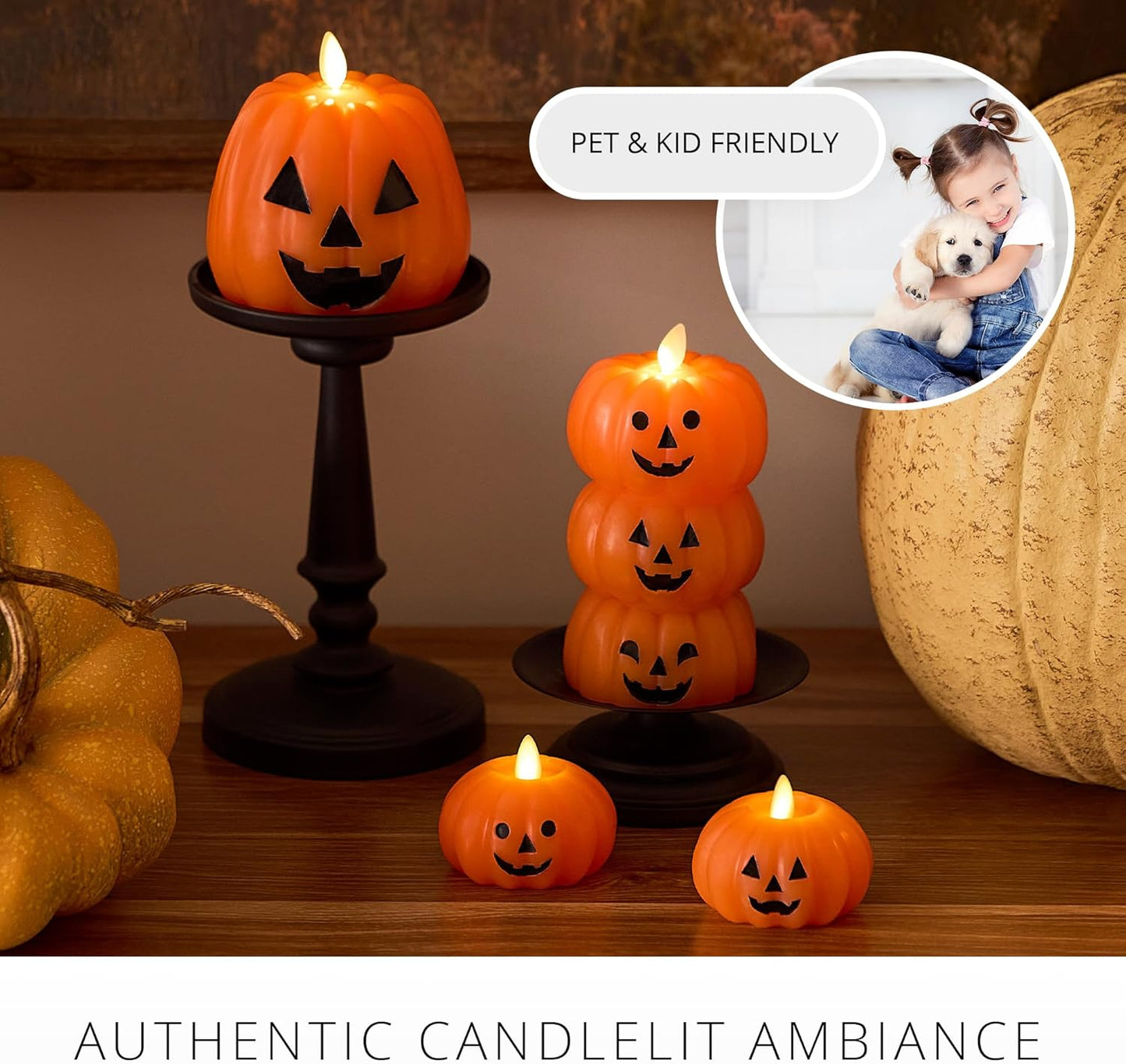 Luminara Jack-o-Lantern Pumpkins Indoor Candle for Decor, 4"x4.3", Russet Orange (Used)