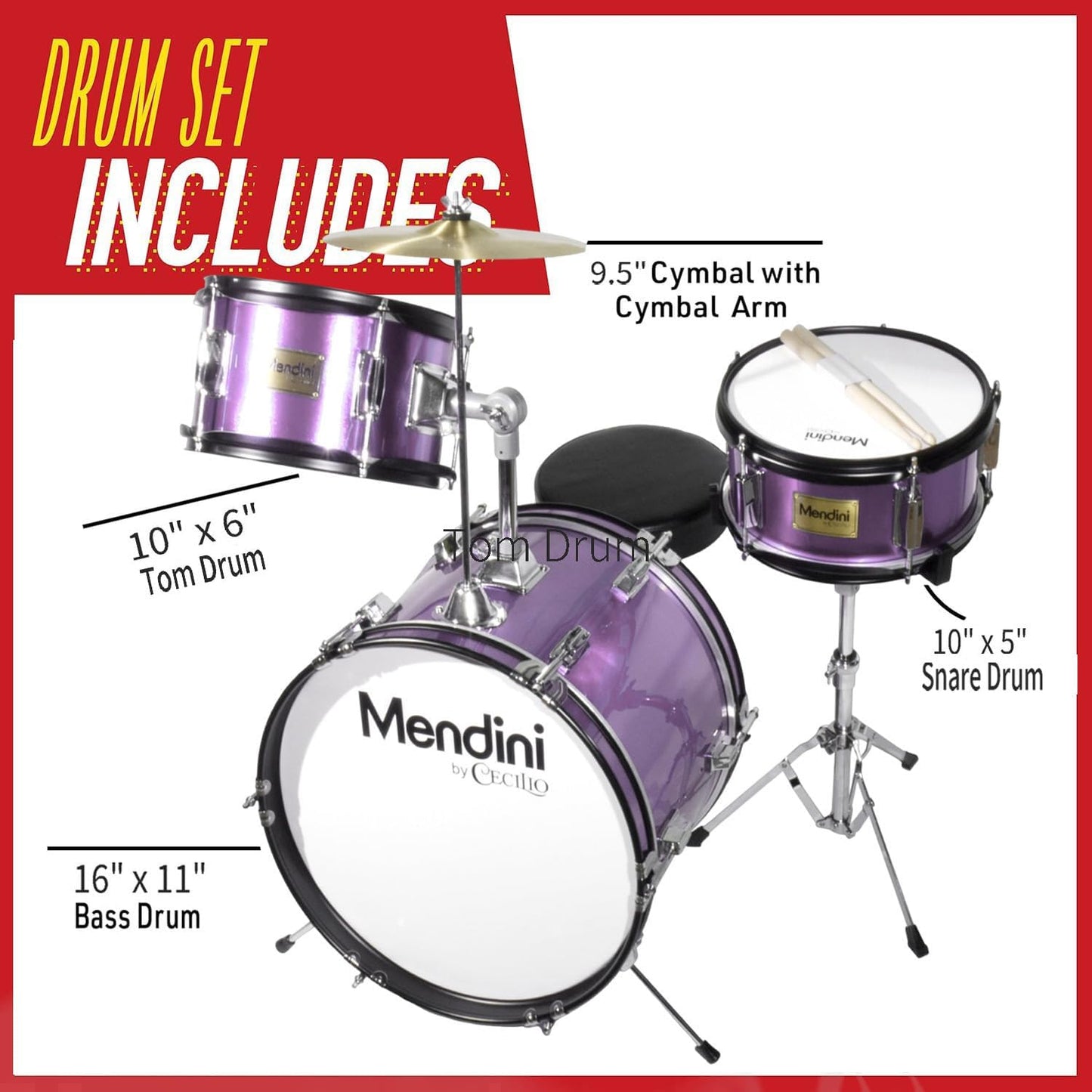 Mendini By Cecilio 3 Piece Junior Drum Set with Snare, Cymbal, Seat & Drumsticks (Like New)