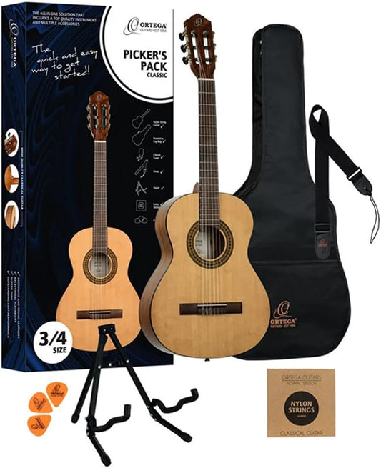 Kellards Ortega RPPC34 Picker's Pack Classical Guitar for Beginner, 3/4 Size (Like New)