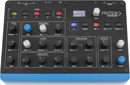 Waldorf Protein 8-Voice Wavetable Synthesizer, 8 Voices, 4 Layers - Black/Blue (Like New)